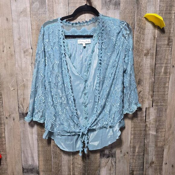Pretty Angel Tops - Pretty Angel Blue Lace Linen Blend Cardigan Overlay Blouse